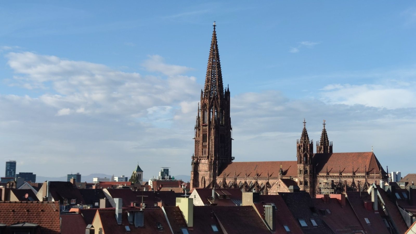 Freiburg Minster above the old town rooftops